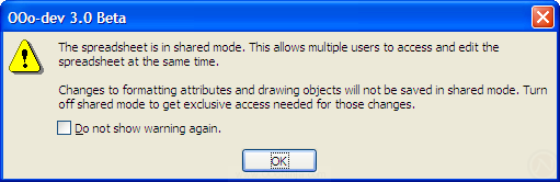 OpenOffice.org 3.0: warning about 'This spreadsheet is in shared mode'