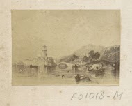 Fotoreproductie van (vermoedelijk) een schilderij van een landschap met een toren, een brug en een rivier