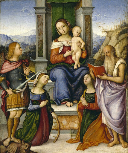 The Virgin and Child Enthroned with Saints Michael, Catherine of Alexandria, Cecilia, and Jerome
