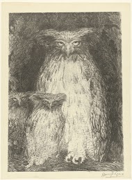 Uil met twee uilskuikens zittend op tak