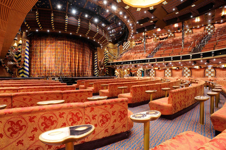 On your next Caribbean cruise, take in one of the Broadway-style shows at Carnival Liberty's beautiful 3-deck-high Venetian Palace.