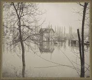 Huizen in ondergelopen buitenwijk van Parijs gezien door kale bomen