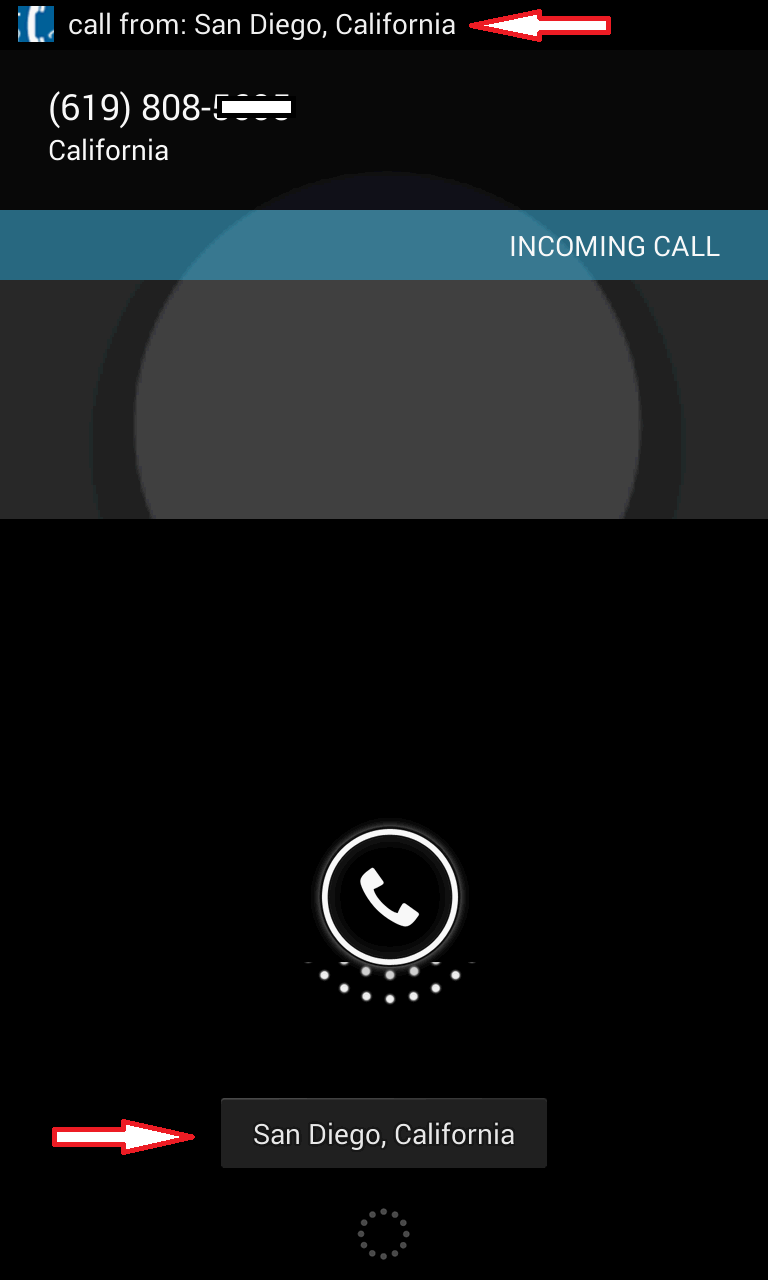 City State ID on incoming call Screen 2