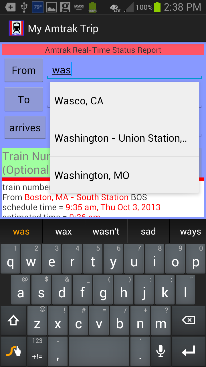 My Amtrak Trip Screen 2