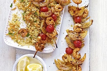 Harissa prawn skewers with carroty couscous