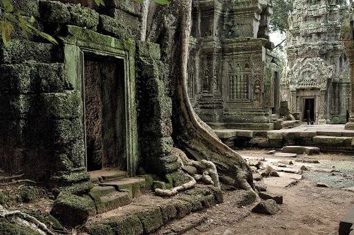 Cambodia-Ta-Prohm-Temple - Ta Prohm Temple, shrouded in dense jungle, has been left untouched by archaeologists except for the clearing of a path for visitors and some structural strengthening. See the landmark, built around 1186 A.D., during a G Adventures expedition of Cambodia.