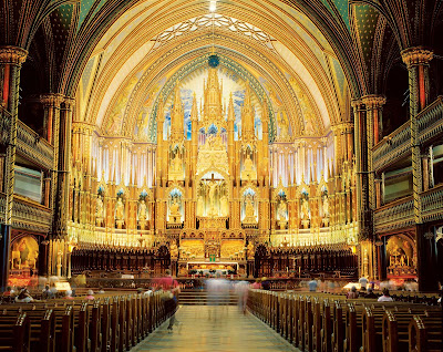 The majestic interior of Notre-Dame Basilica in Old Montreal.