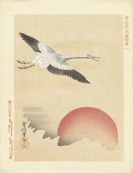 Kraanvogel vliegend bij rode maan