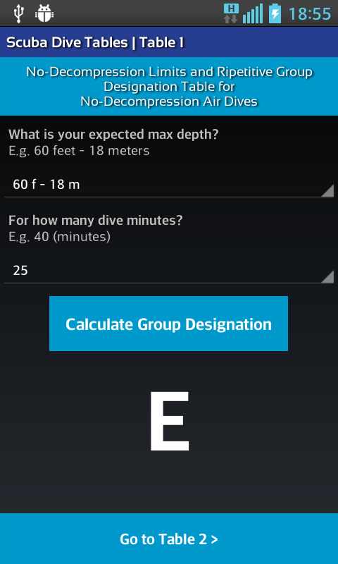 Scuba Dive Tables Screen 2