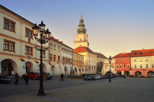 The main square in Kromeriz, the Czech Republic, leads to the entrace of the magnificent Archbishop's Palace.
