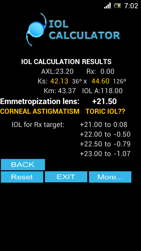 IOL CALCULATOR Screen 2