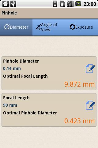 Android application Pinhole Calculator screenshort