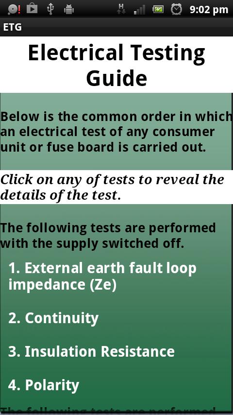 Electrical Testing Guide Screen 3