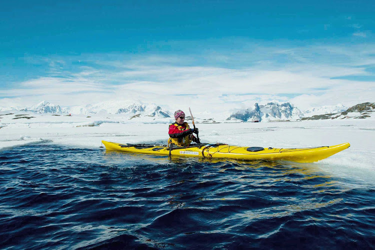 Paddle between ice floes in the waters of Antarctica during your cruise aboard Fram, Hurtigruten's flagship. 