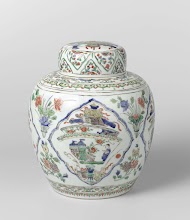 Covered, ovoid jar with antiquities and flower sprays
