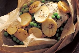 Parchment-Baked Chicken with New Potatoes, Peas and Tarragon