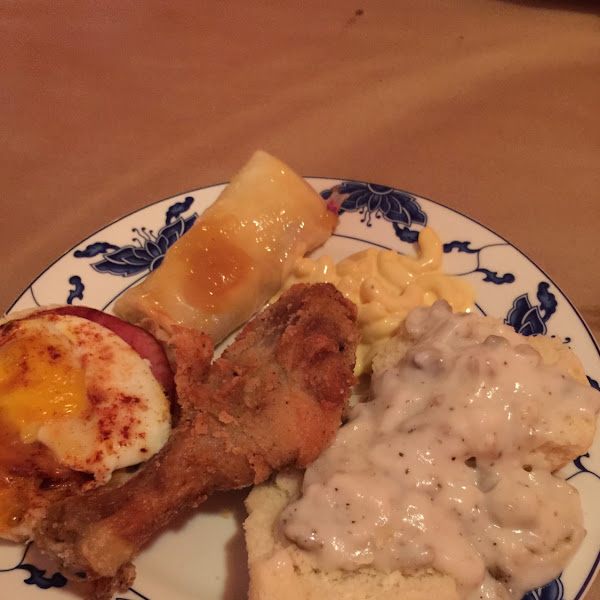 Eggs benedict, fried chicken, biscuits and gravy, double stuffed french toast