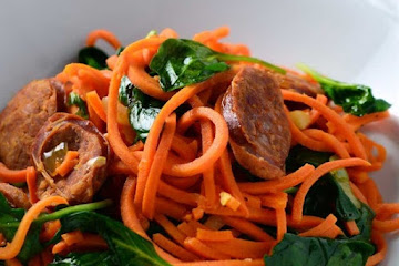 Sweet Potato Noodles with Linguica & Spinach