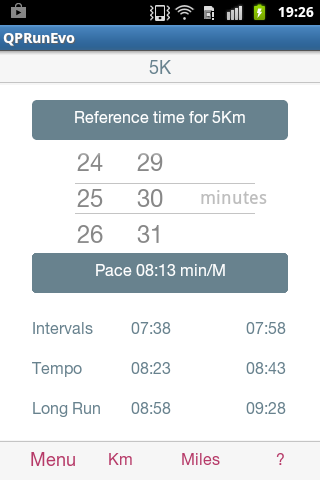 RUNNING CALC QPRunEvo Screen 2