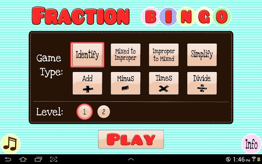 Fraction Bingo Screen 1