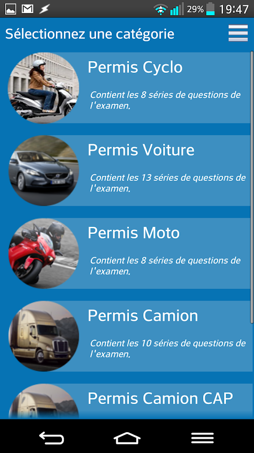 Android application BLU Permis de Conduire screenshort