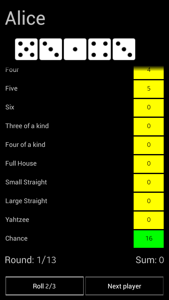 Yahtzee Fun Screen 2