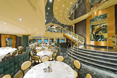 The two-levels of the Golden Lobster restaurant on MSC Preziosa are linked by a sweeping staircase.  