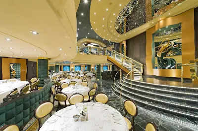 The two-levels of the Golden Lobster restaurant on MSC Preziosa are linked by a sweeping staircase.  