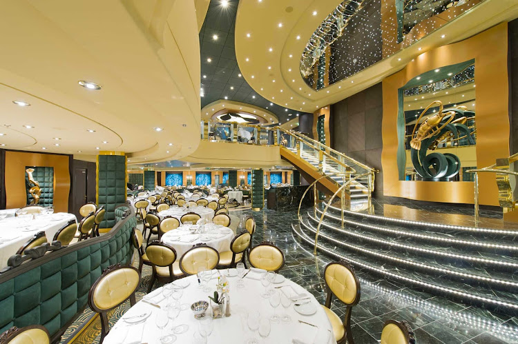 The two-levels of the Golden Lobster restaurant on MSC Preziosa are linked by a sweeping staircase.  