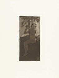 Naakte jonge vrouw speelt fluit in landschap