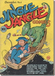 cartoon sailor rowing with fork and spoon while a green dragon sits behind smaoking a peppermint candy cane pipe George Carlson Jingle Jangle cover scan Pretzelburg