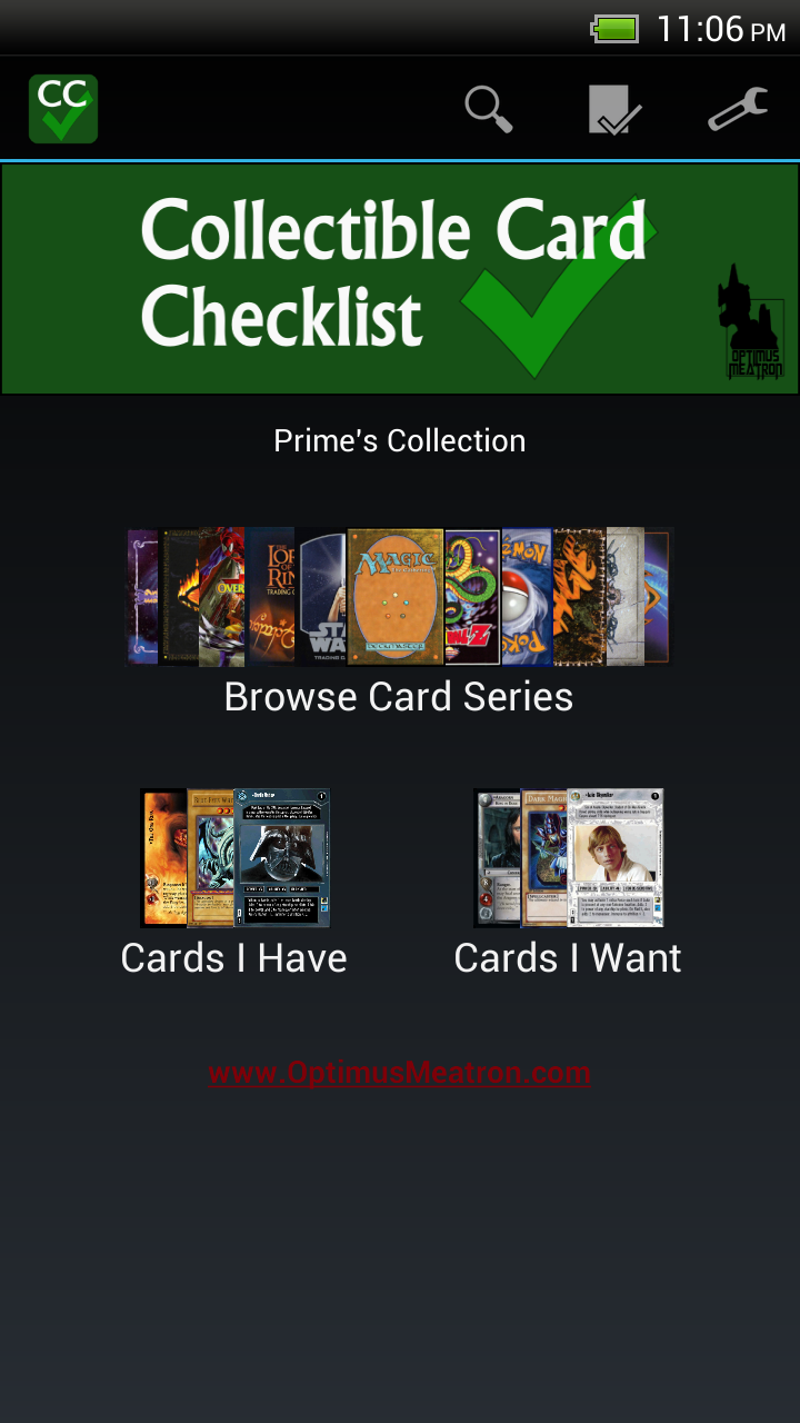 Collectible Card Checklist Screen 1