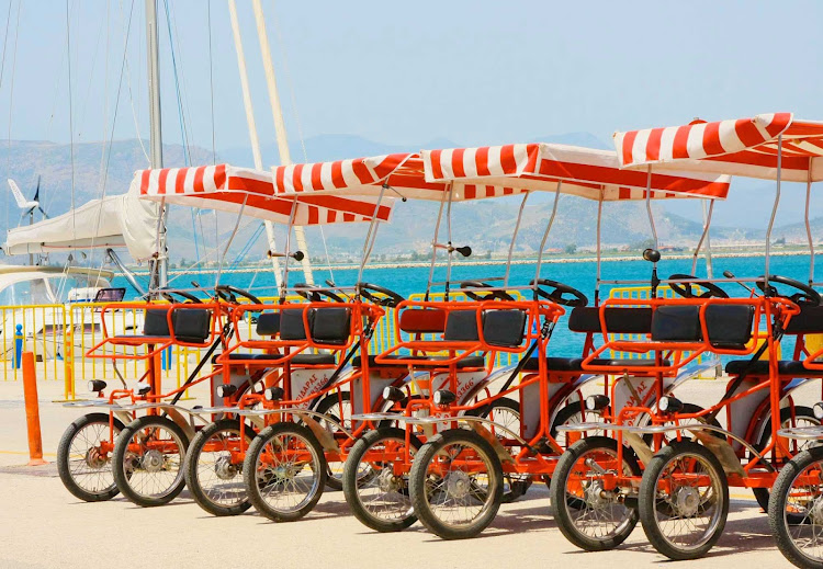 Your chariot awaits! Pedal power in Nauplia, Greece, on the Peloponnesian Coast during a Europa 2 shore excursion.