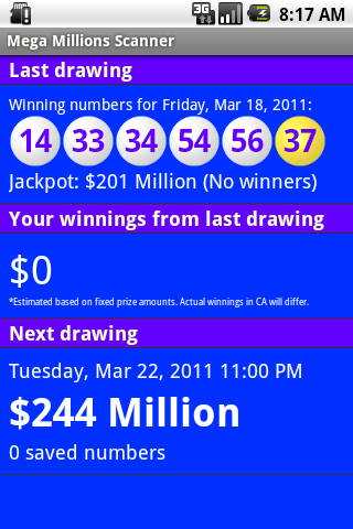 Android application Mega Millions Scanner screenshort