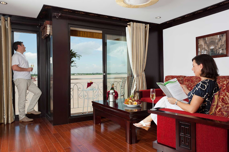Stay in a Luxury Suite to relax in grand style during your Mekong River cruise aboard AmaLotus. Ninety percent of the staterooms on board feature outside balconies.