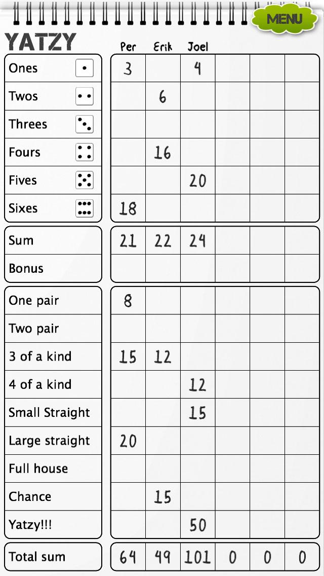 Yahtzee scoresheet Screen 2