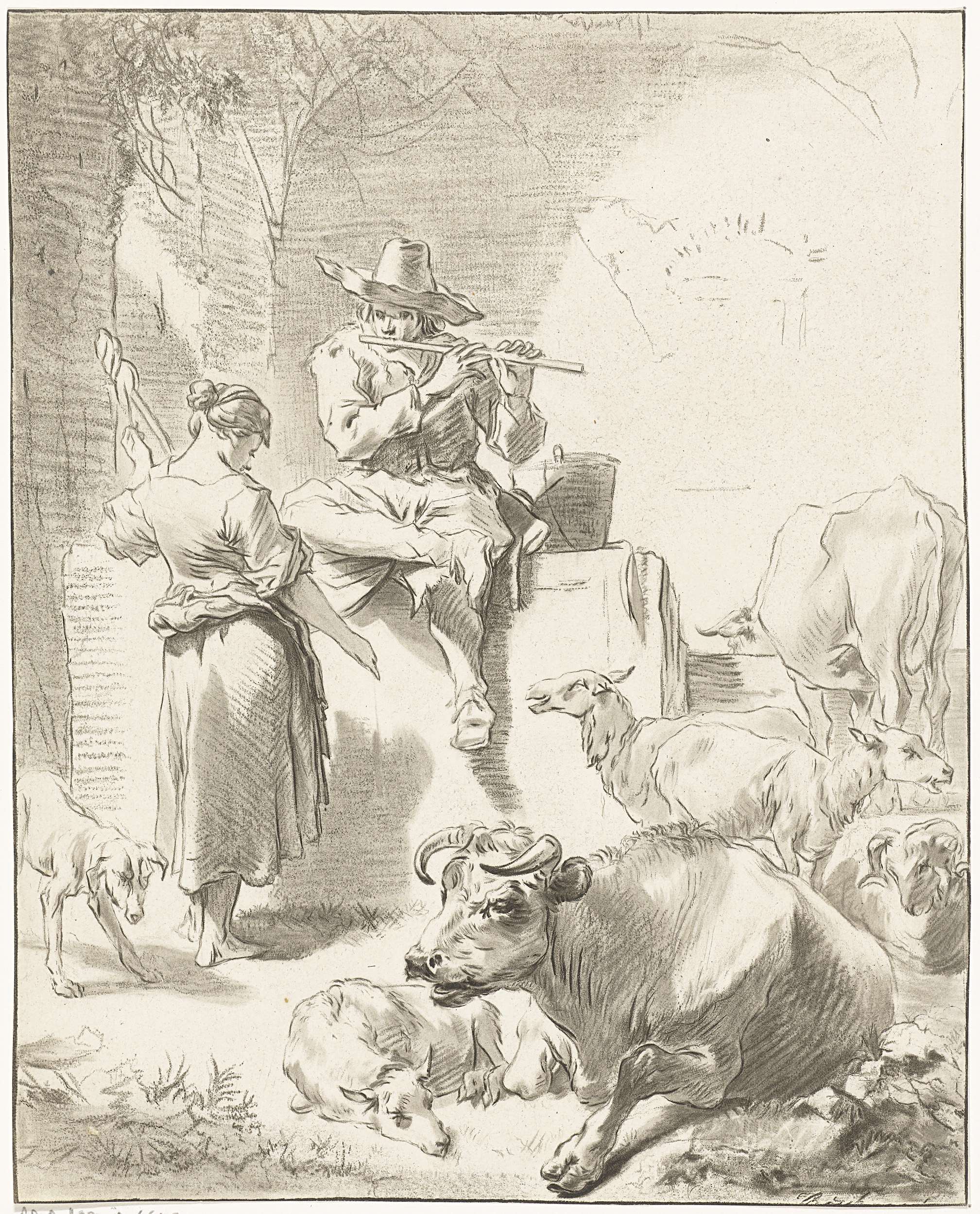 Fluitspelende herder en spinnende herderin