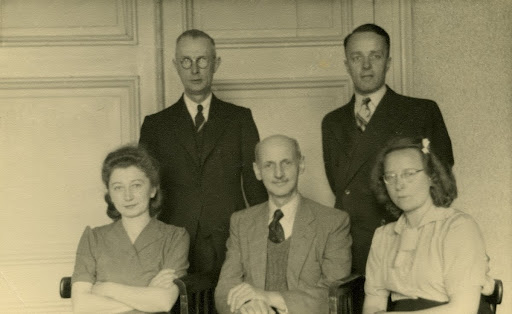 Otto Frank and his four office employees, August 1945.