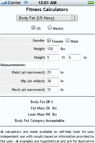 Fitness Calculators Screen 1