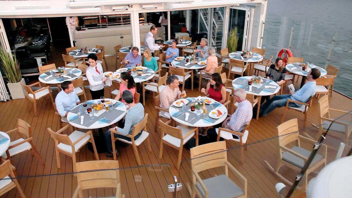 Viking-River-Cruises-Longships-Aquavit-Terrace-aerial - Enjoy al fresco dining while taking in the passing show in the Aquavit Terrace aboard your Viking River cruise. 