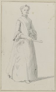 Staande vrouw met gevouwen waaier in haar hand