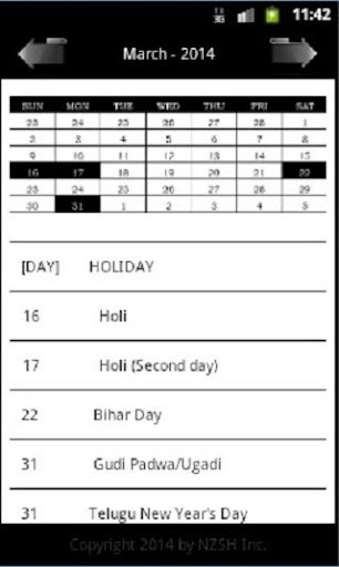 Holiday Calendar India 2014