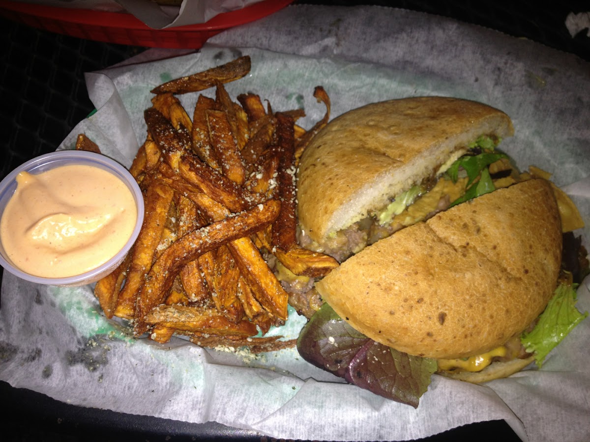 GF Texas Burger and Sweet Potato Fries