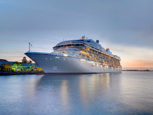 Oceania Marina at dusk. The luxury ship was designed for those with a passion for fine dining and travel experiences.