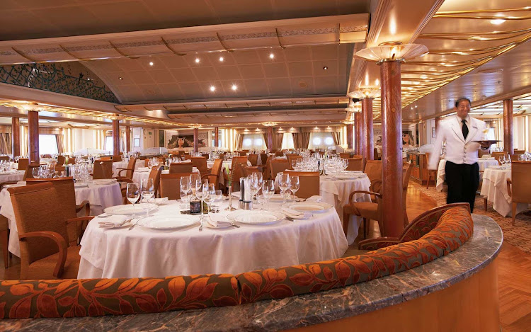 The Restaurant, Silver Cloud's main dining room, features international dishes prepared by master chefs. Each dish is tailored to match the ship's destination.