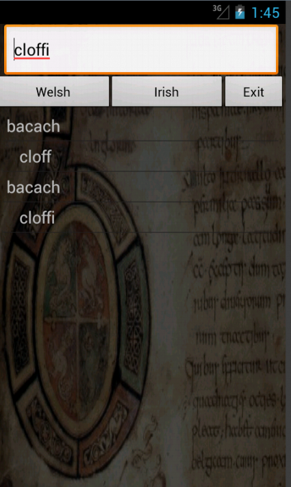Welsh Irish-Gaelic Dictionary Screen 1