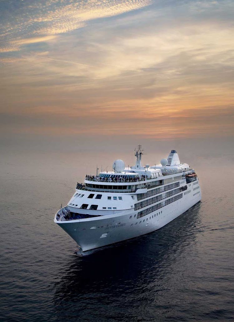 Silver Cloud at dusk. The Silversea vessel alights to destinations with some of the most breathtaking views at sea.