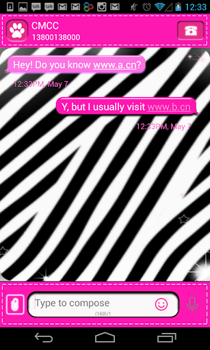 GO SMS Theme WB Pink Zebra