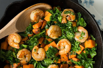 Sweet Potato, Kale and Shrimp Skillet