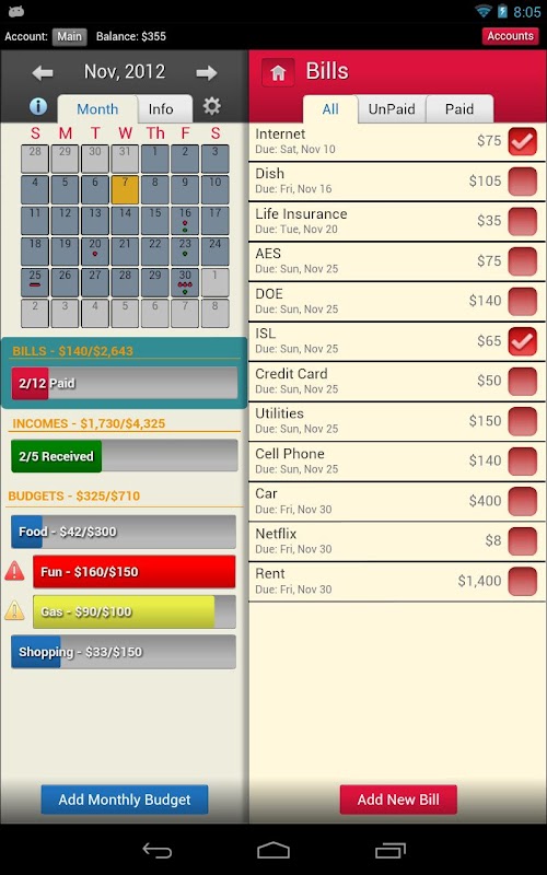 Android application Bills Vs Income screenshort